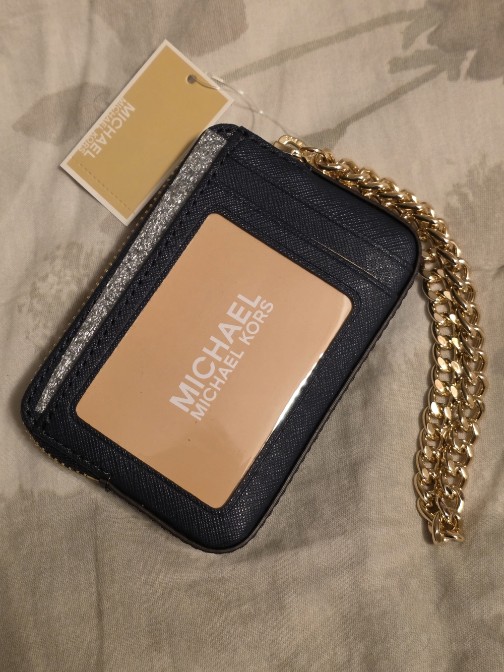 NEW $258 MICHAEL Michael Kors Navy Saffiano Leather Wristlet with Gold Chain